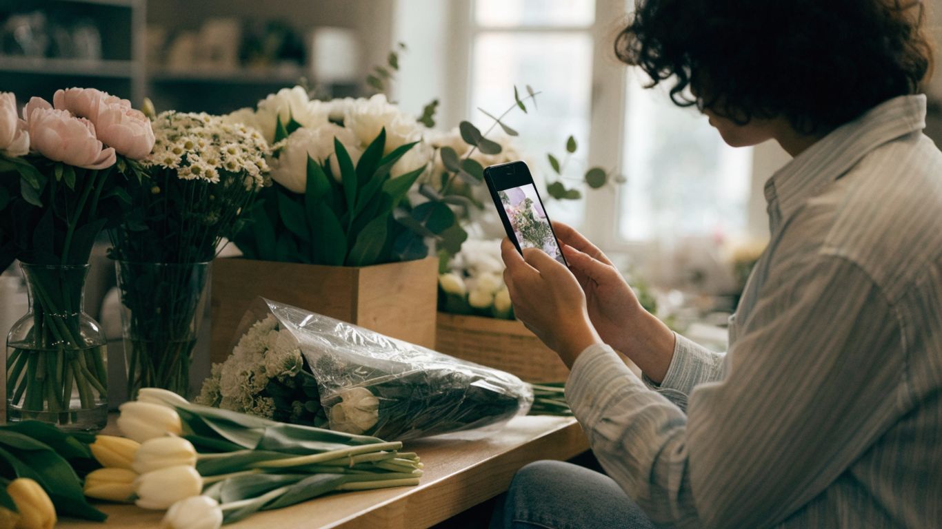 Customer comparing bouquets on a phone beside flowers