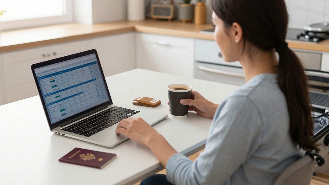 Traveler comparing flight options on laptop
