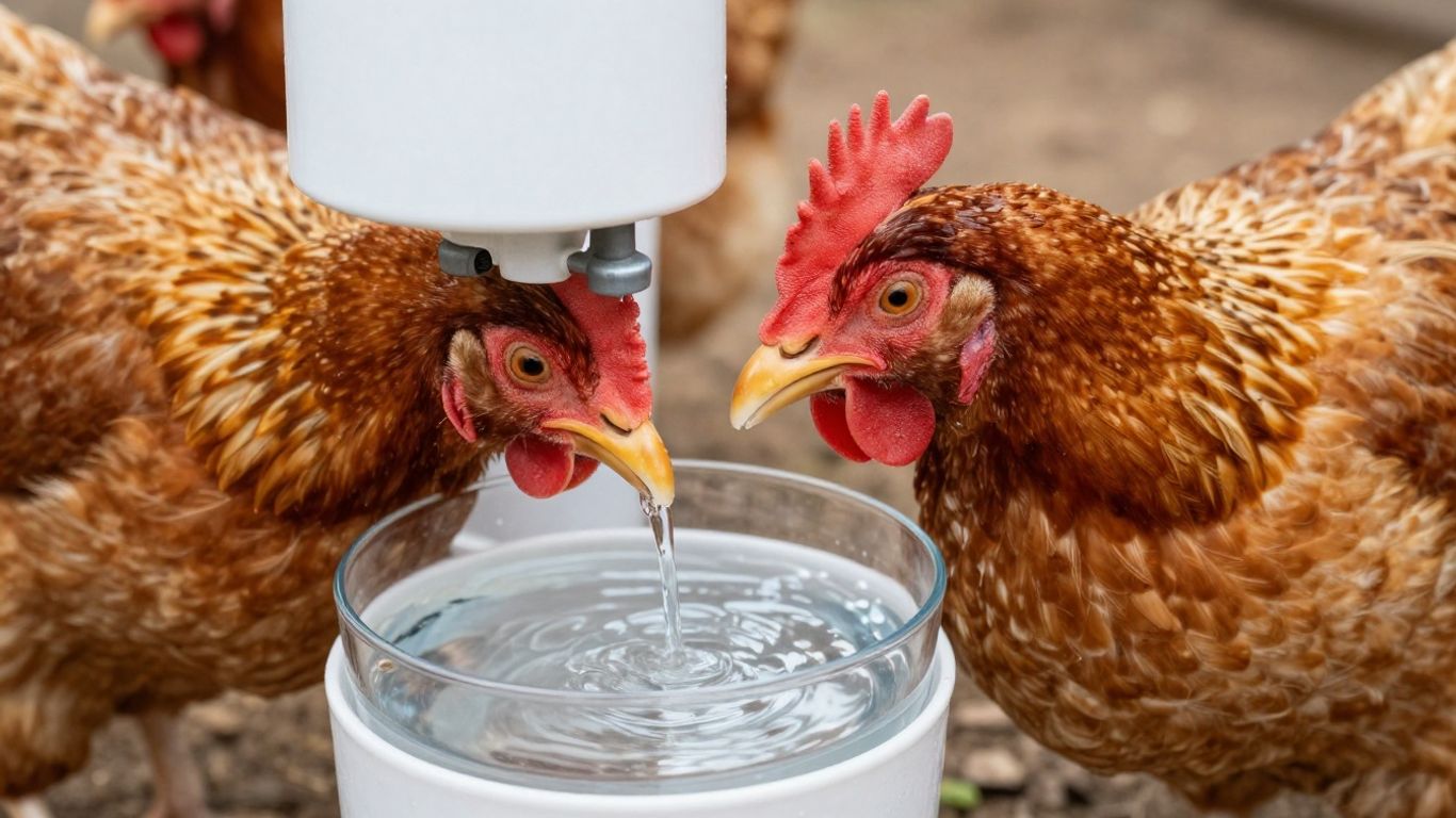 Kurczak pijący wodę z poidełka na fermie drobiu.