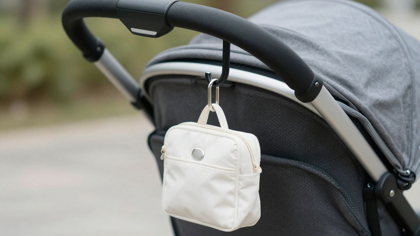 Lightweight stroller hook holding a diaper bag on a stroller.