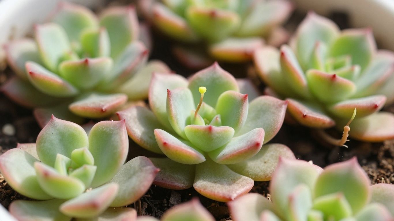 Hojas de suculentas con raíces y nuevas plantas.