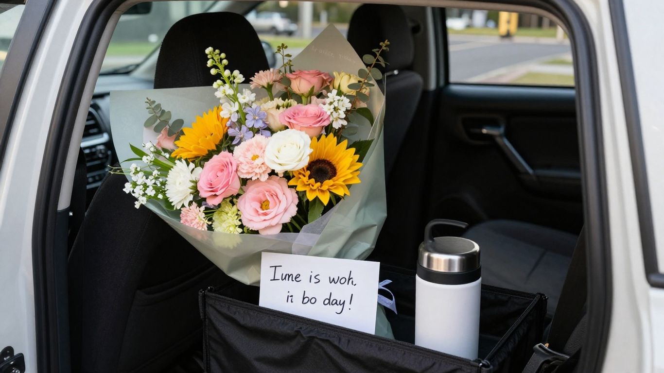 Wrapped flower bouquet waiting for careful delivery