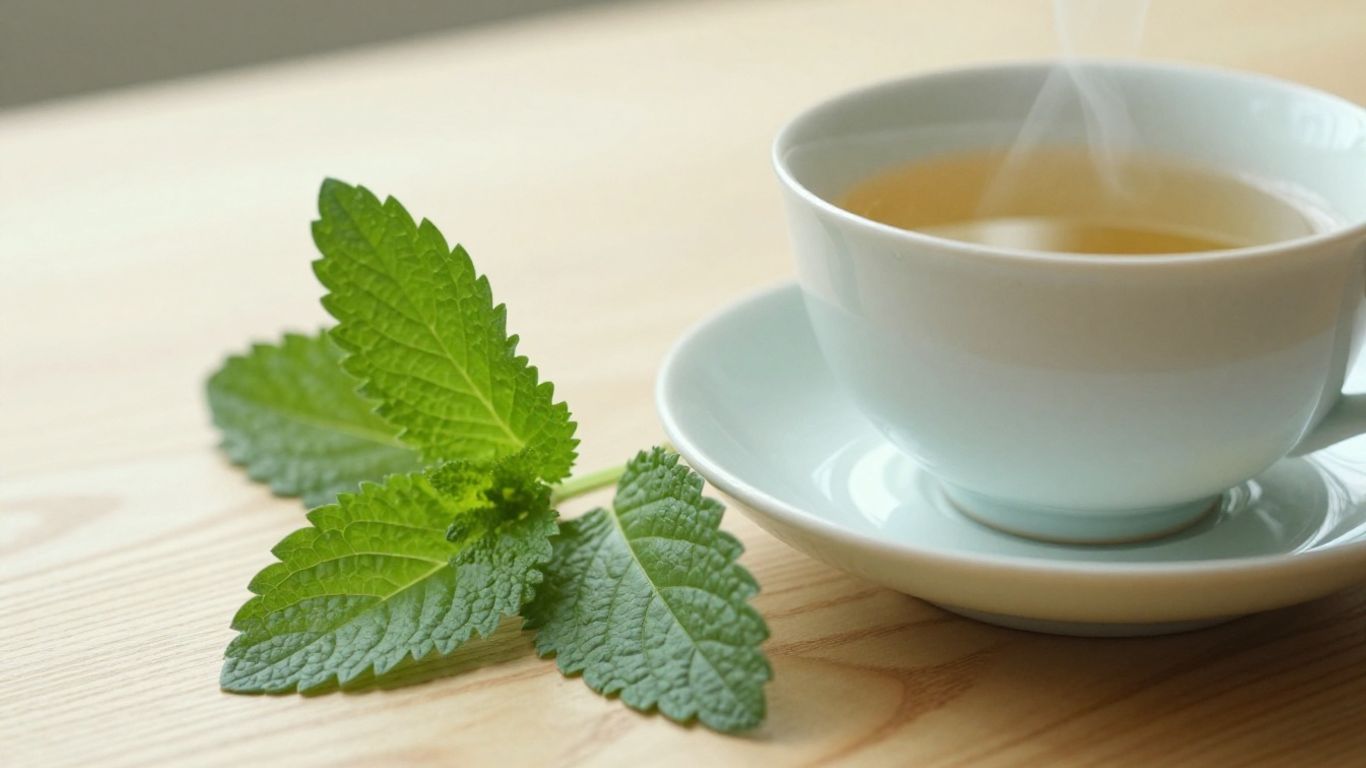 A fresh lemon balm plant beside tea