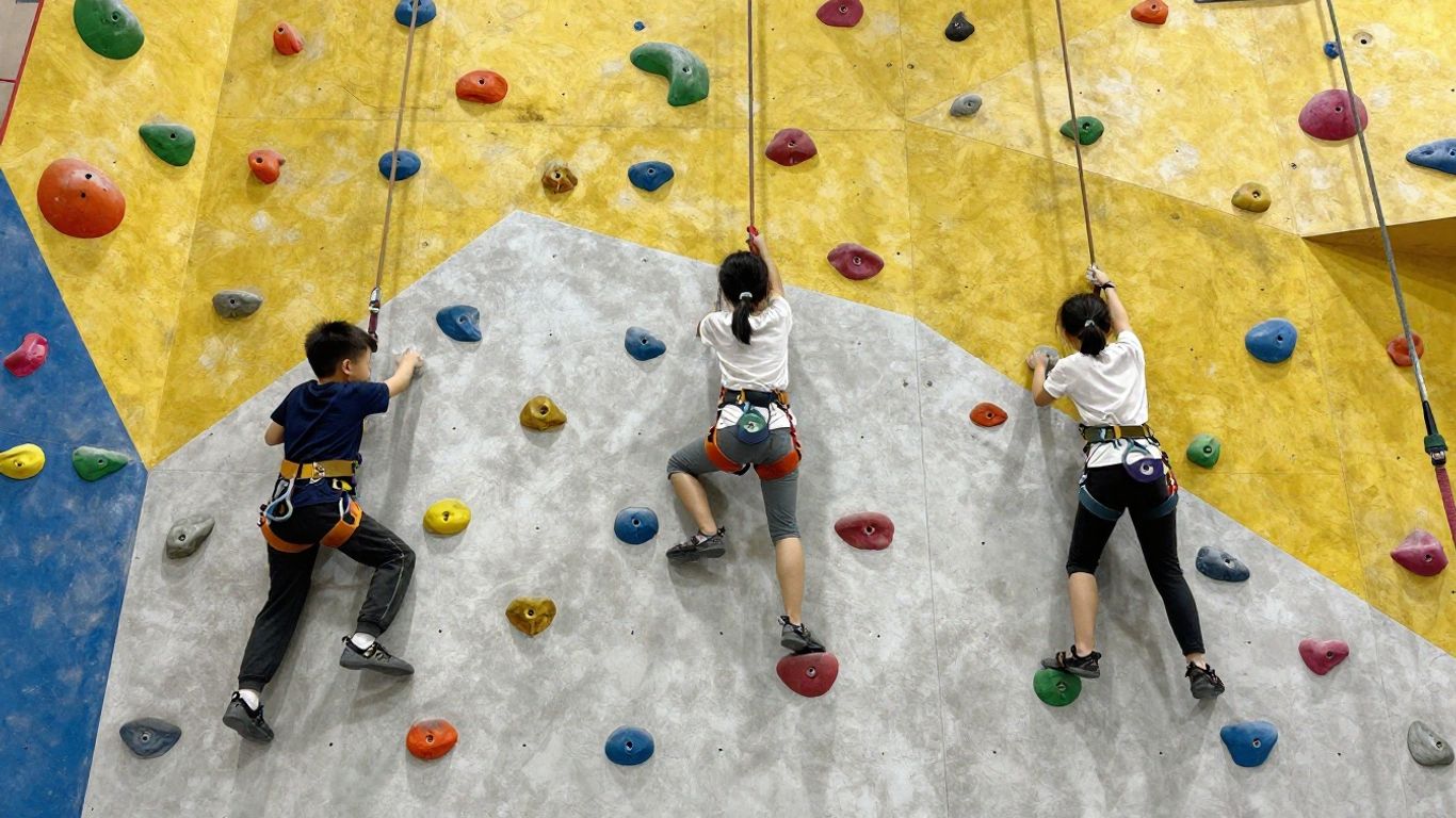 Kids climbing colourful walls at Clip 'n Climb, Richmond.