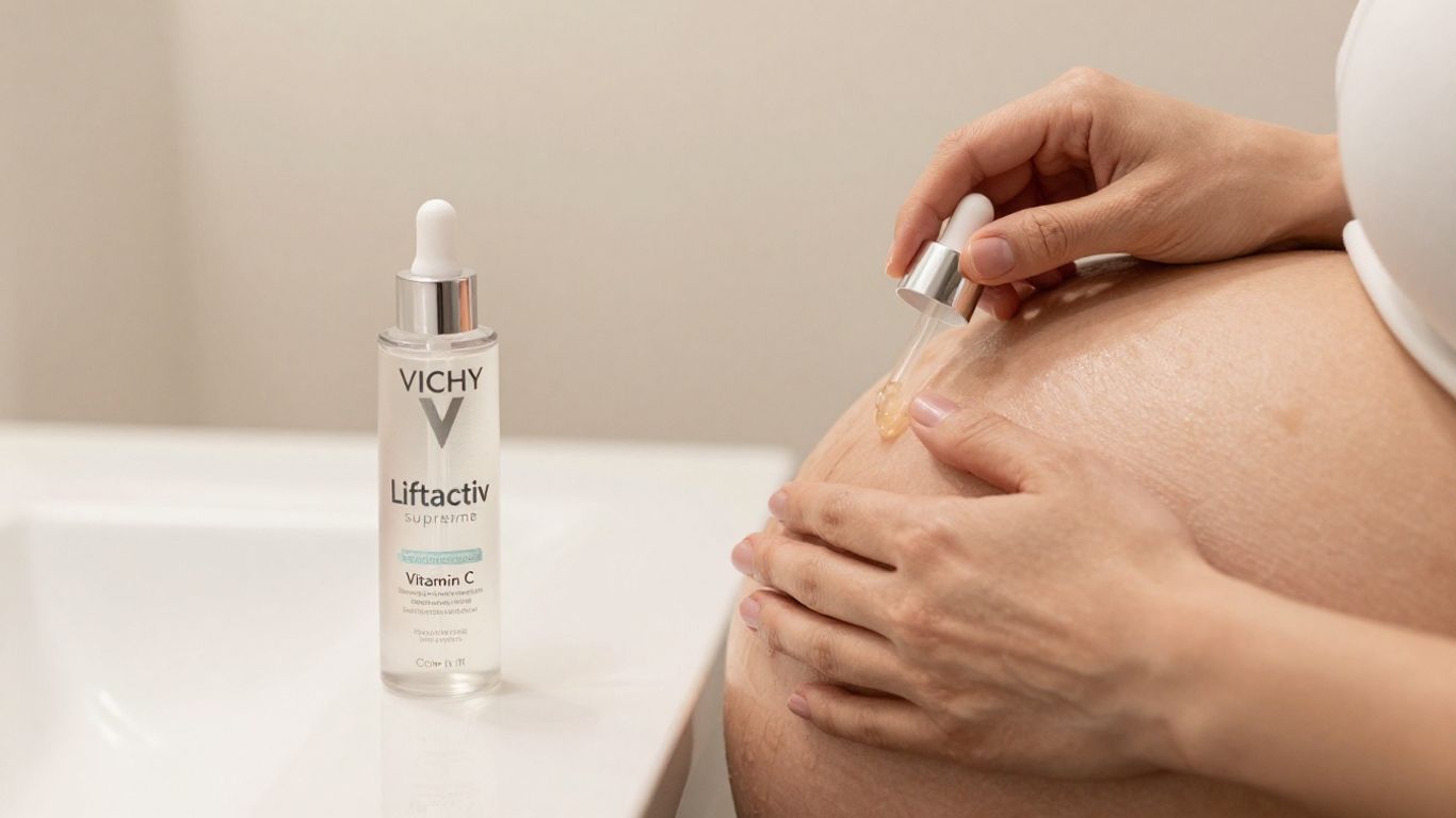 Mujer embarazada aplicando suero Vichy en el vientre