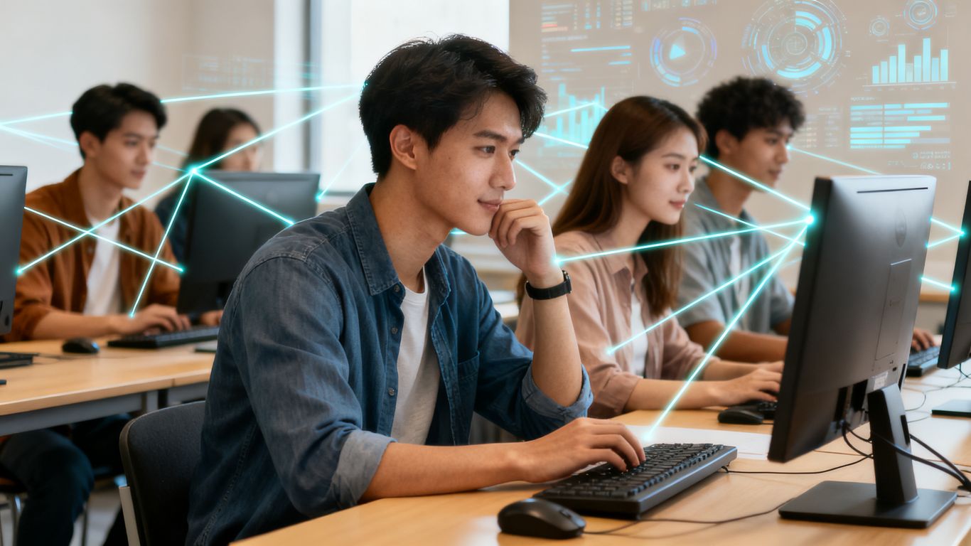 Students learning with AI agents in a modern classroom.