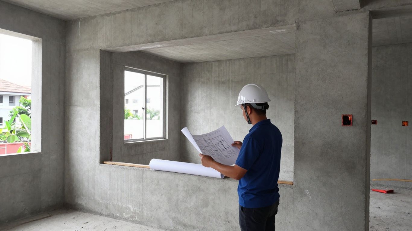 Engineer reviewing renovation plans at a Singapore site
