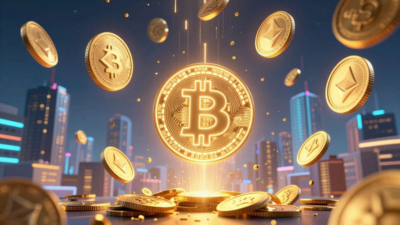 Digital currency icons rising towards a bright city.
