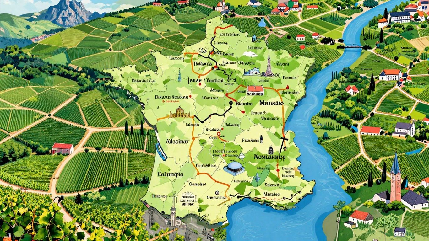 Map of France with landmarks and natural scenery.