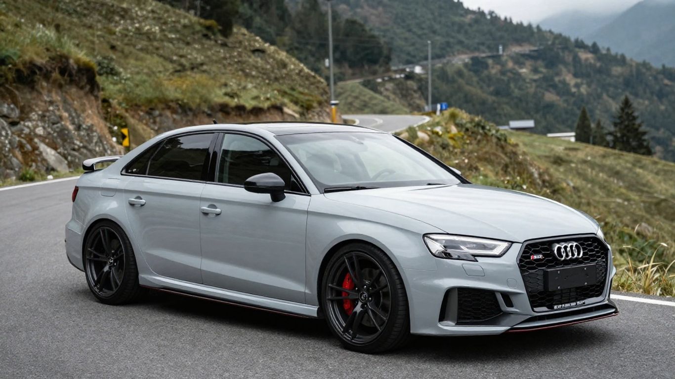 Photographic Audi RS3 parked beside a winding mountain road, lowered stance, performance wheels, large brakes visible, clean daylight, realistic automotive editorial photography, detailed bodywork