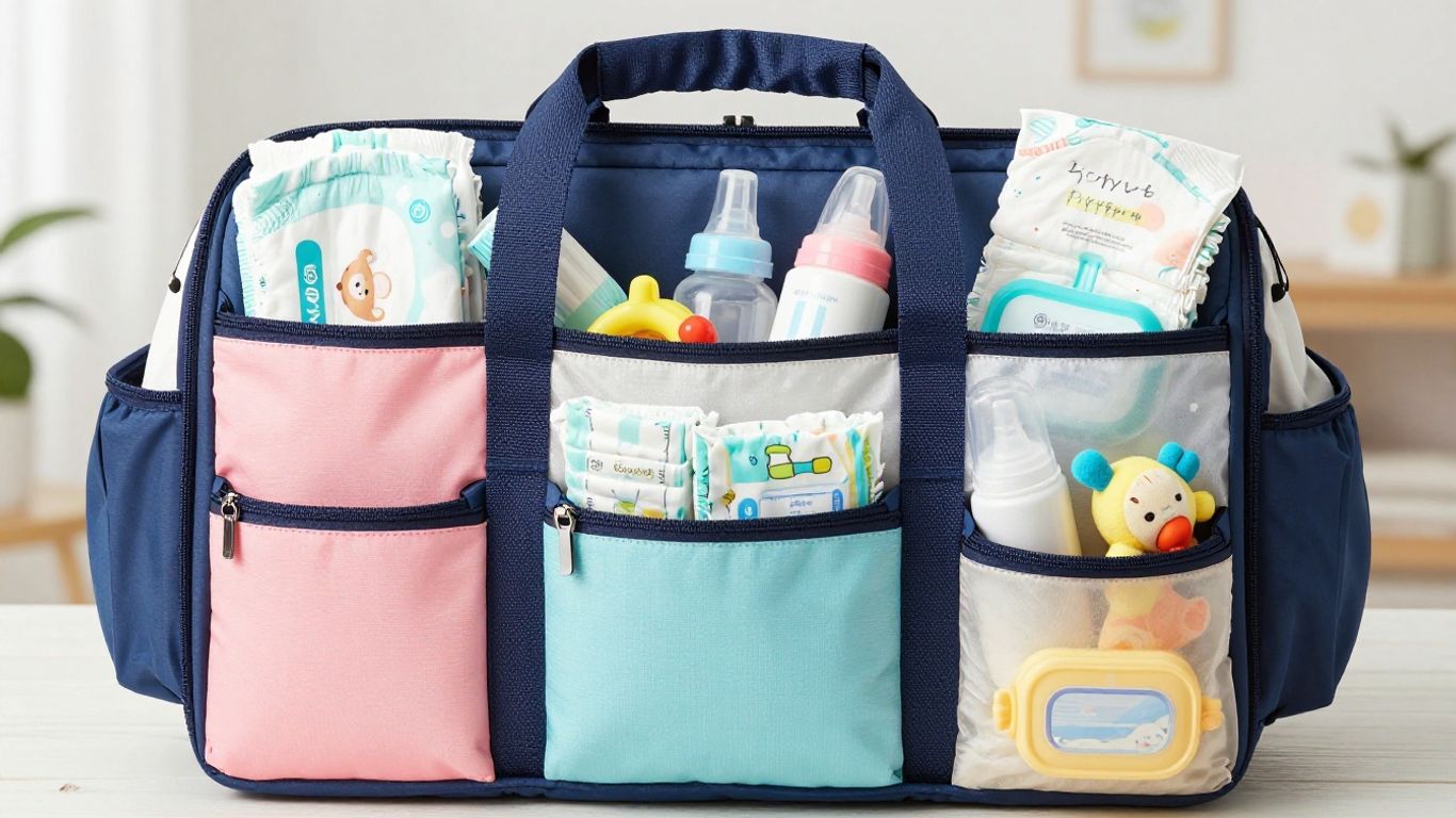 Organized diaper bag with colorful pouches and baby essentials.