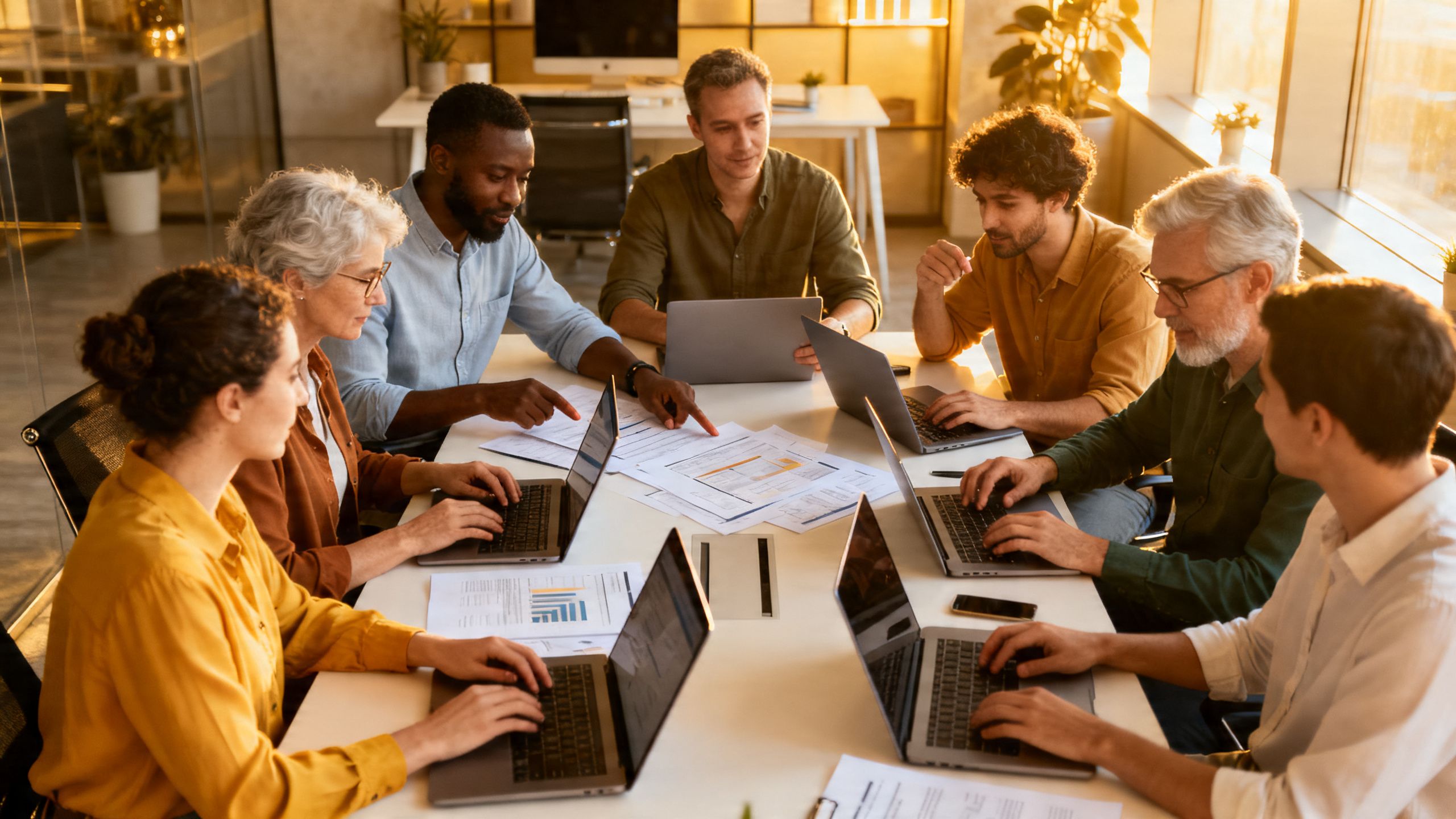 A diverse team of marketing professionals collaborating around a table with laptops and documents, illustrating teamwork and efficiency