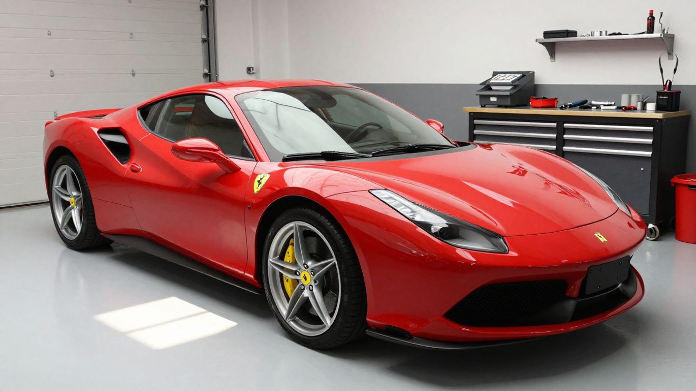 Ferrari Roma in a garage with tools.