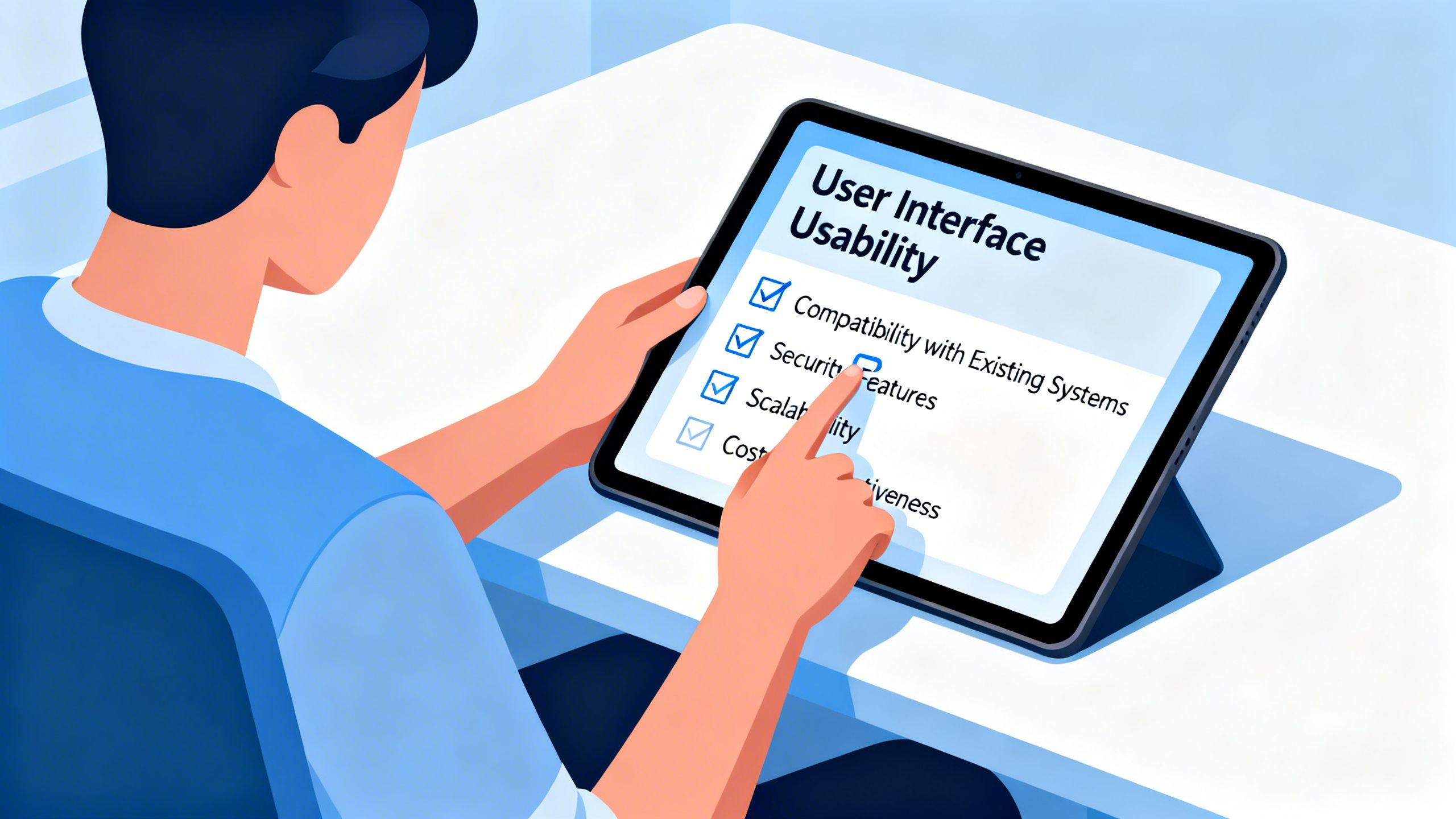 A person checking off items on a digital checklist, representing the selection criteria for software