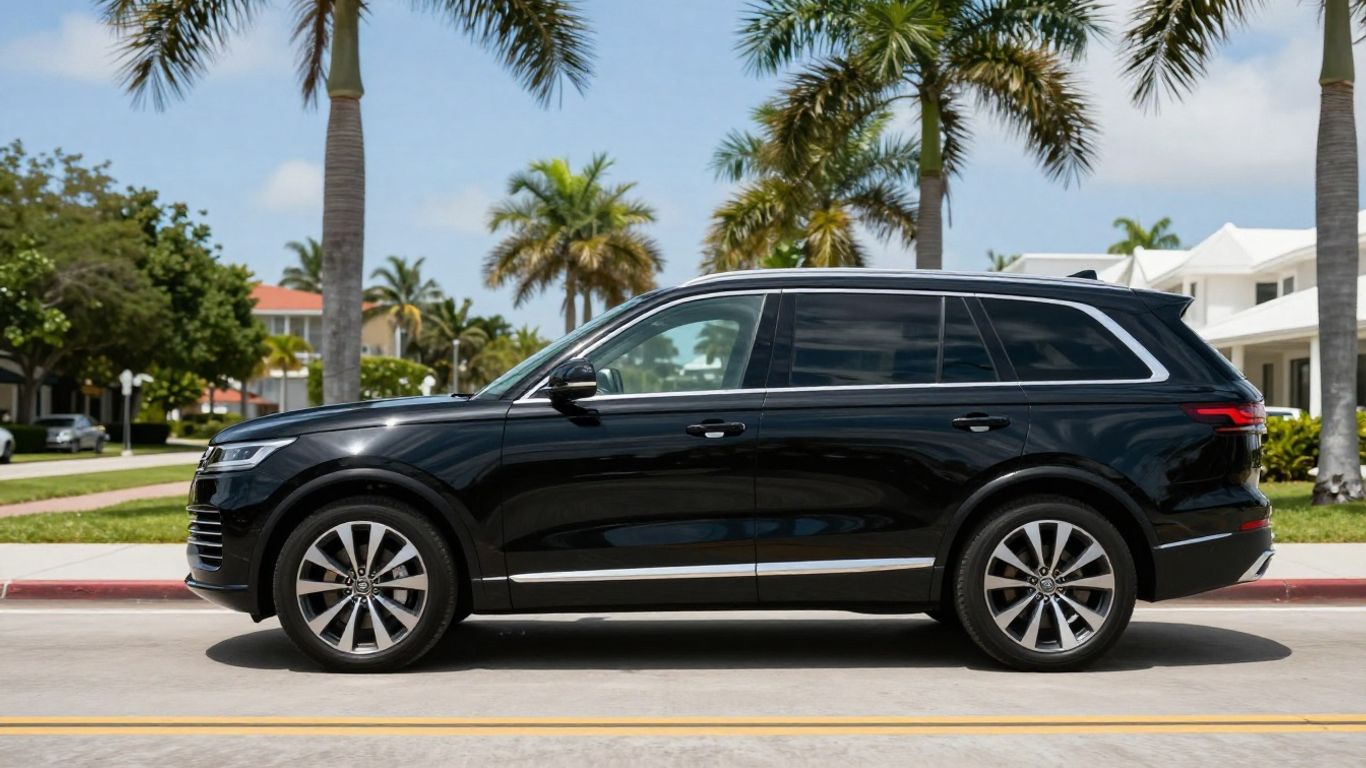 A black executive SUV driving smoothly past palm trees on a sunny coastal road.