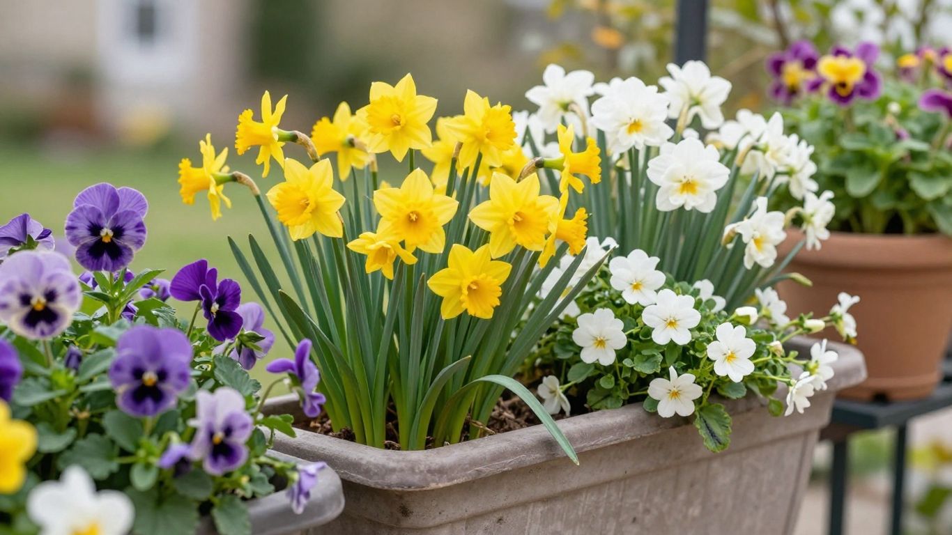 Balkonkasten mit bunten Frühlingsblumen im März