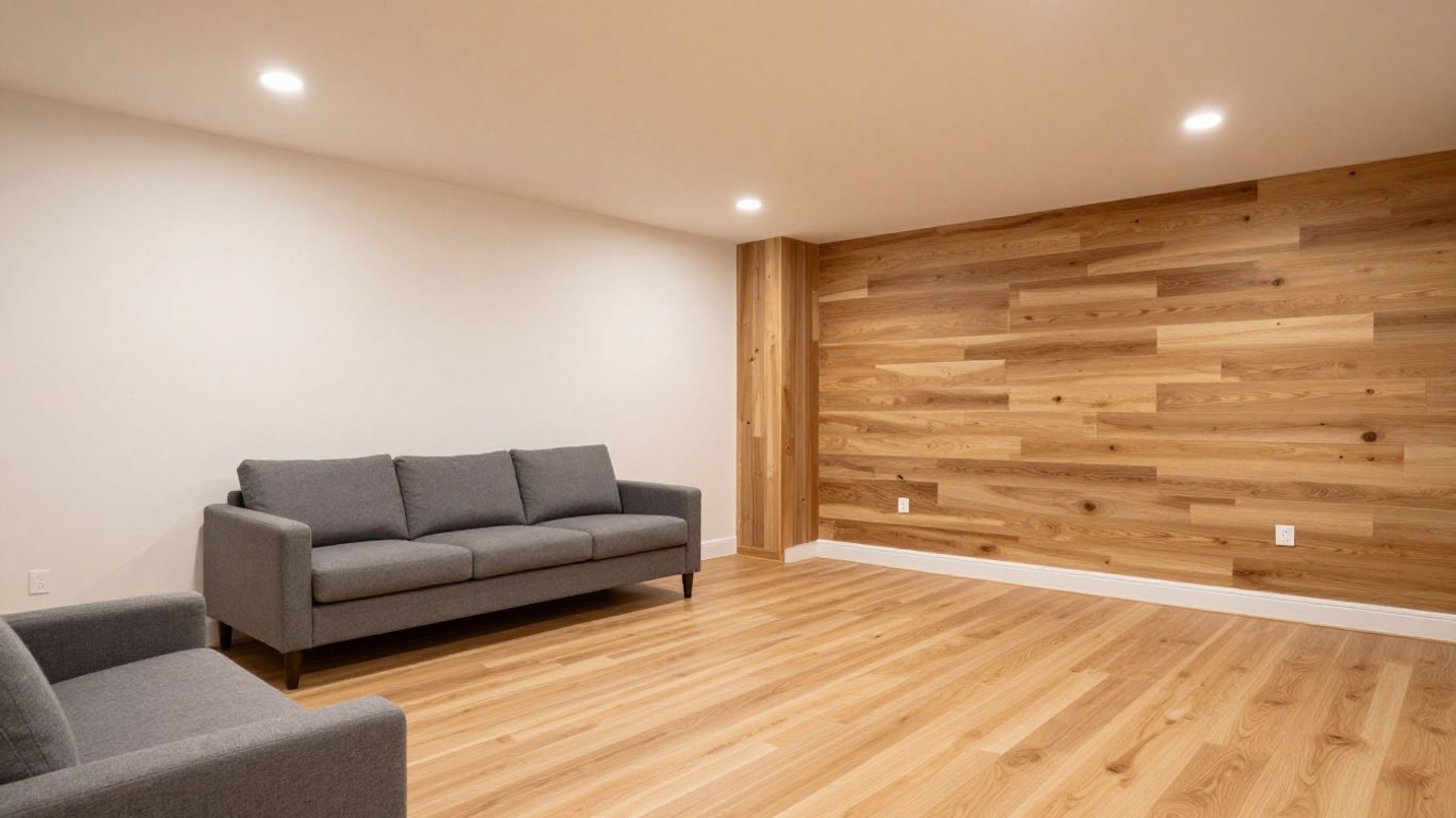 Finished basement remodel with happy homeowner