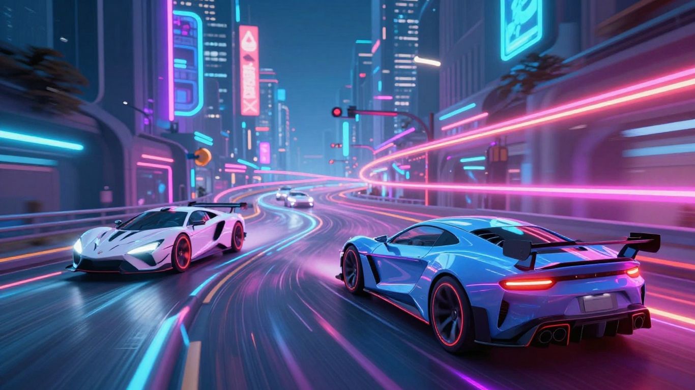 Futuristic cars and game elements in a neon cityscape.