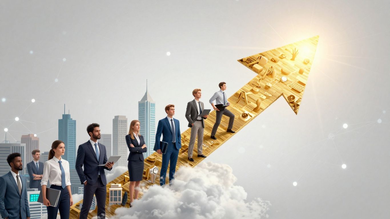 Upward arrow made of business icons, symbolizing growth.