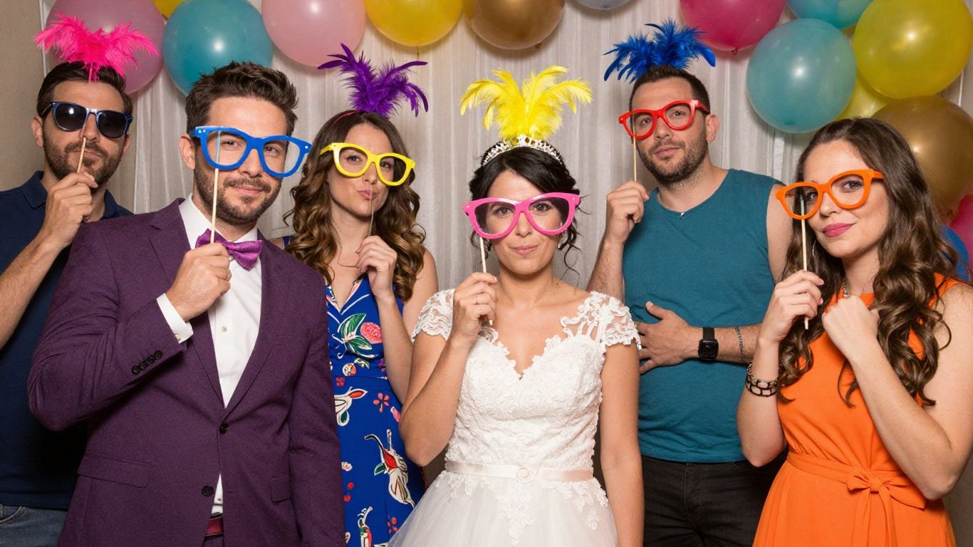 Invités souriants dans une cabine photo de mariage avec des accessoires.