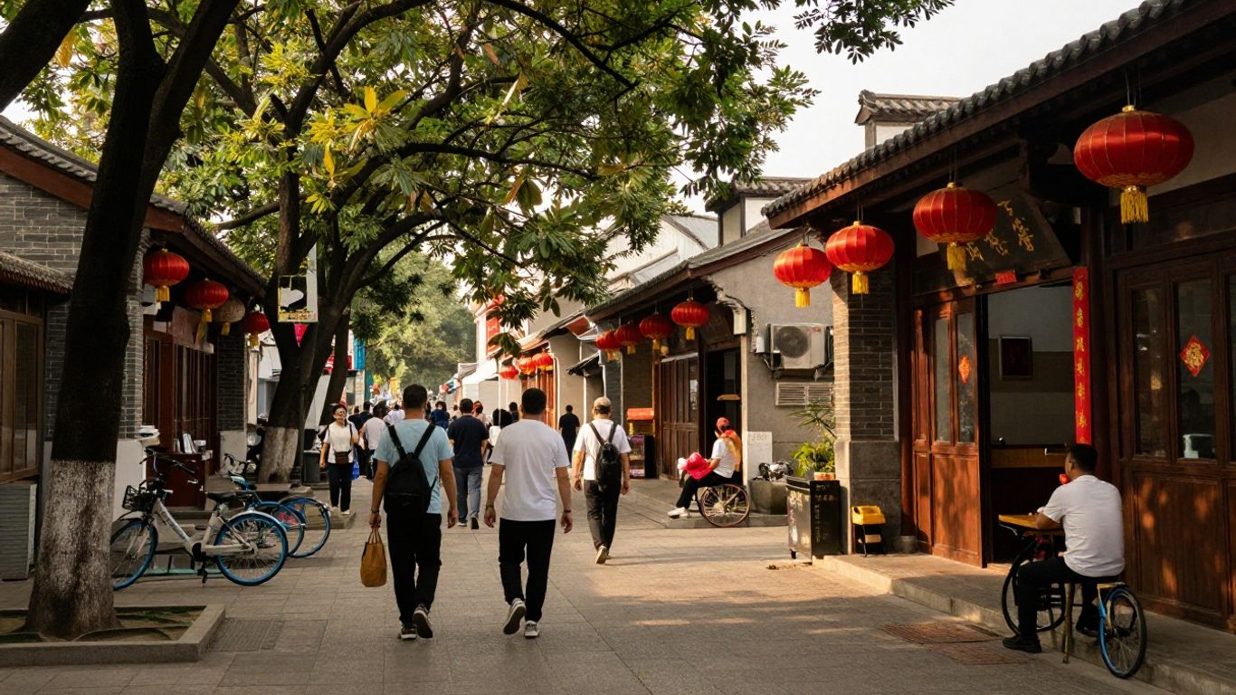 Colorful China city streets and travelers