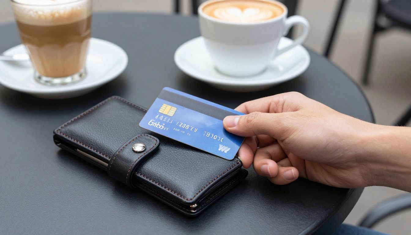A person sitting at an outdoor cafe table, sliding a credit card out of their stylish leather wallet phone case to pay for their coffee.