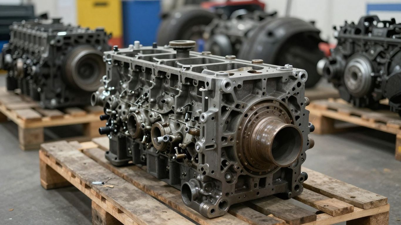 A worn engine block in a busy scrap yard