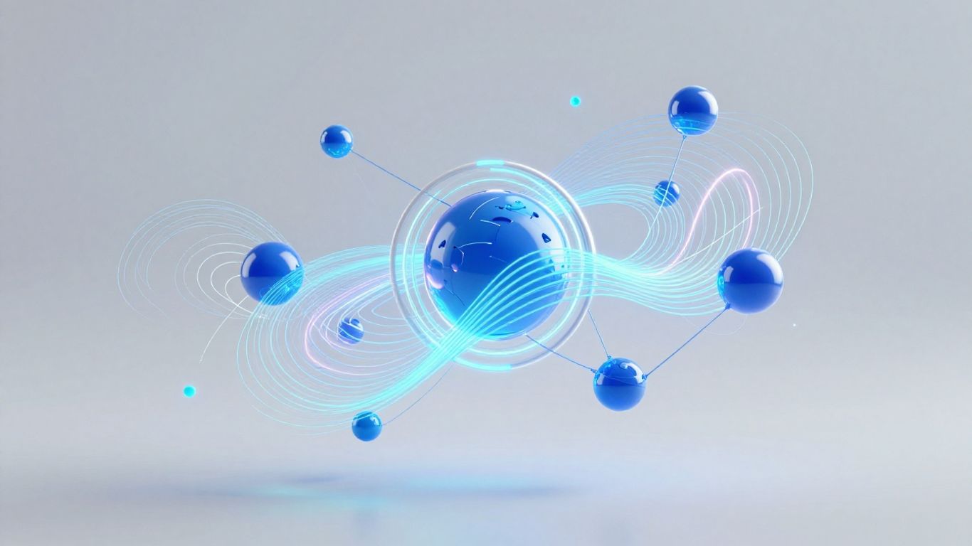 Digital interface with interconnected nodes and data streams.