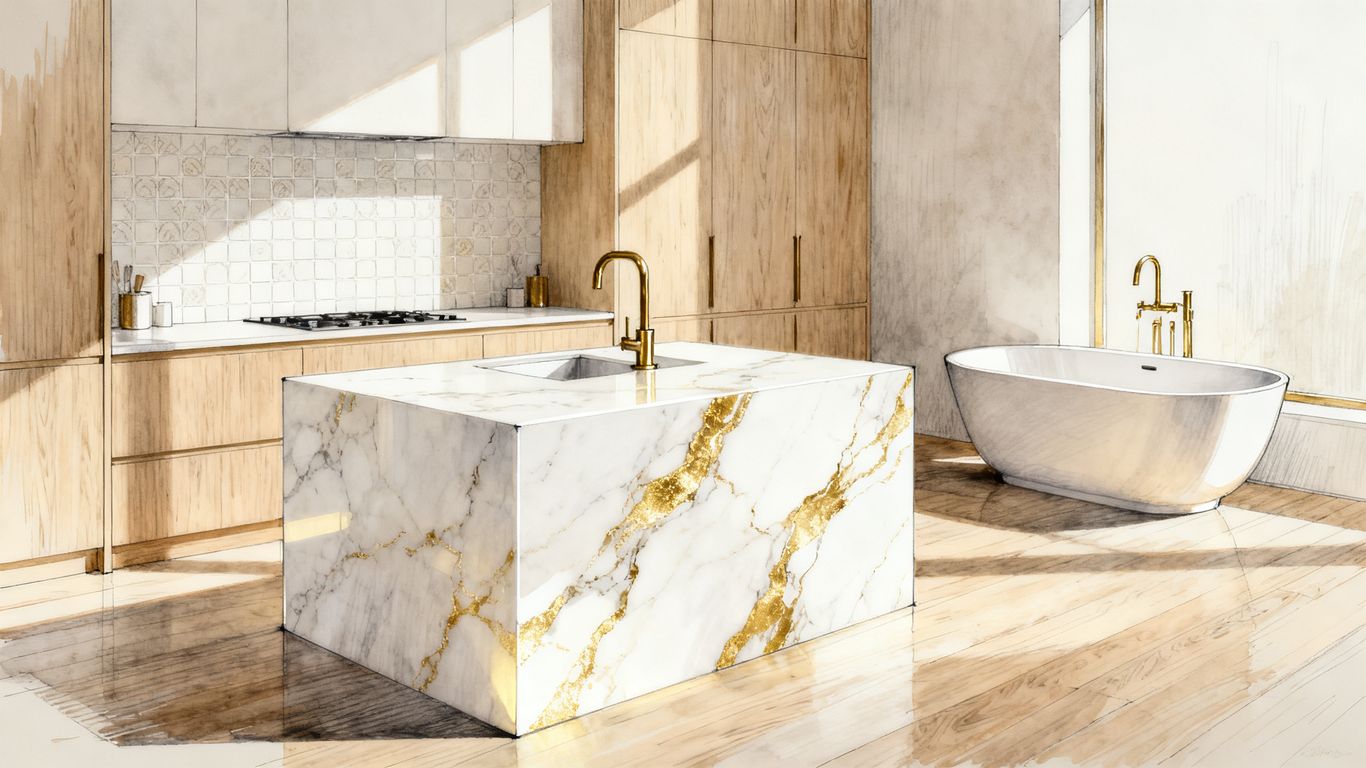 Interior de cocina y baño Calacatta Gold