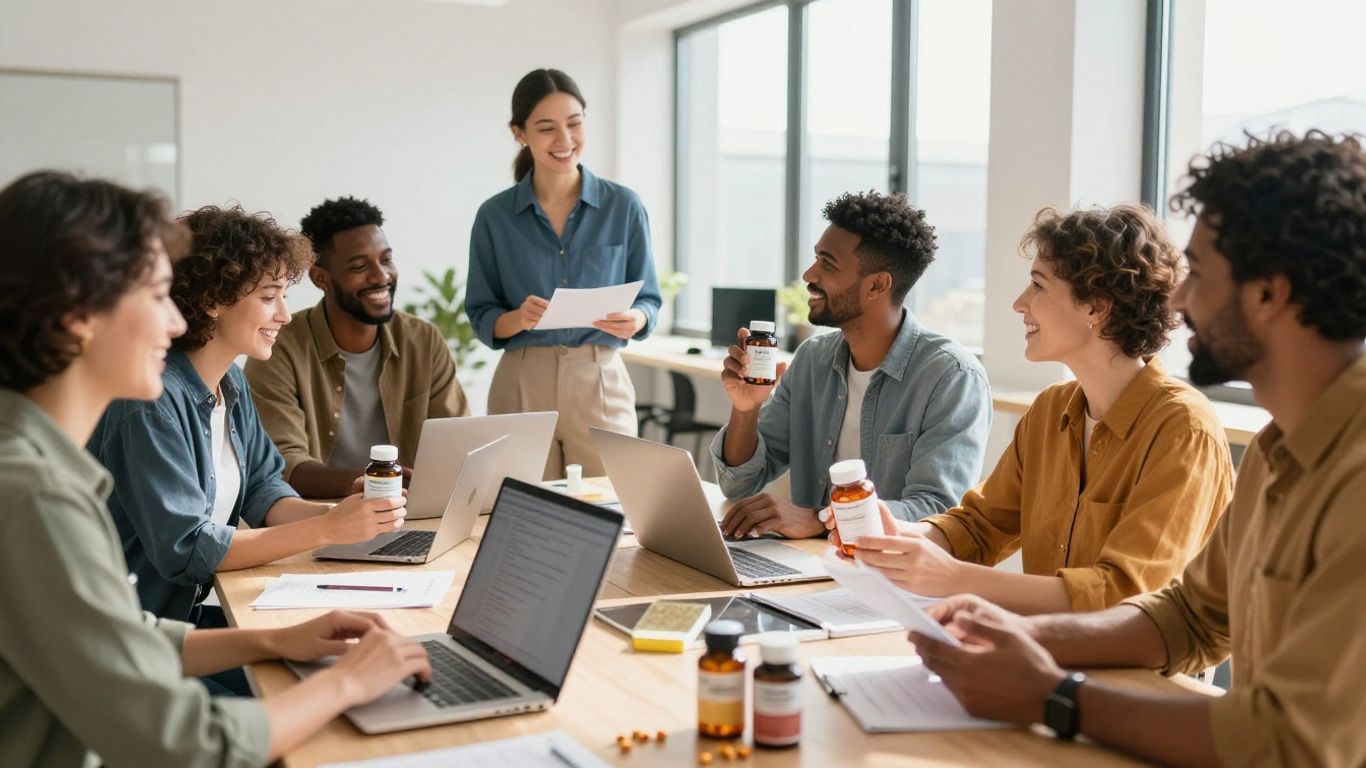 Personas compartiendo productos y ganancias en oficina moderna.
