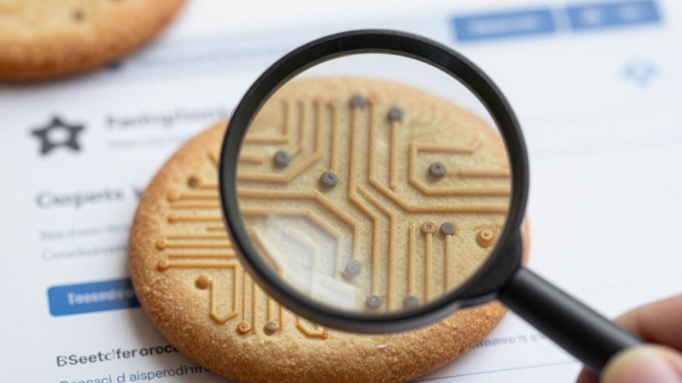 Digital cookie with magnifying glass, affiliate marketing icons.