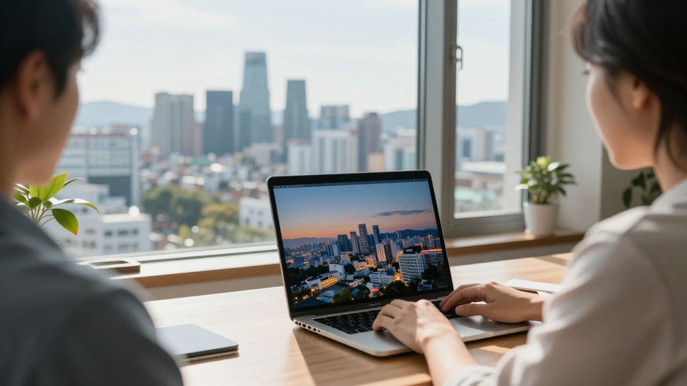 Digital nomad working with Seoul skyline view.