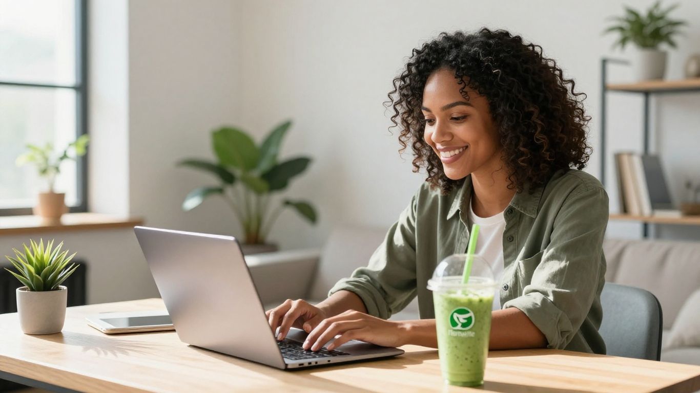 Person working from home with Herbalife shake.