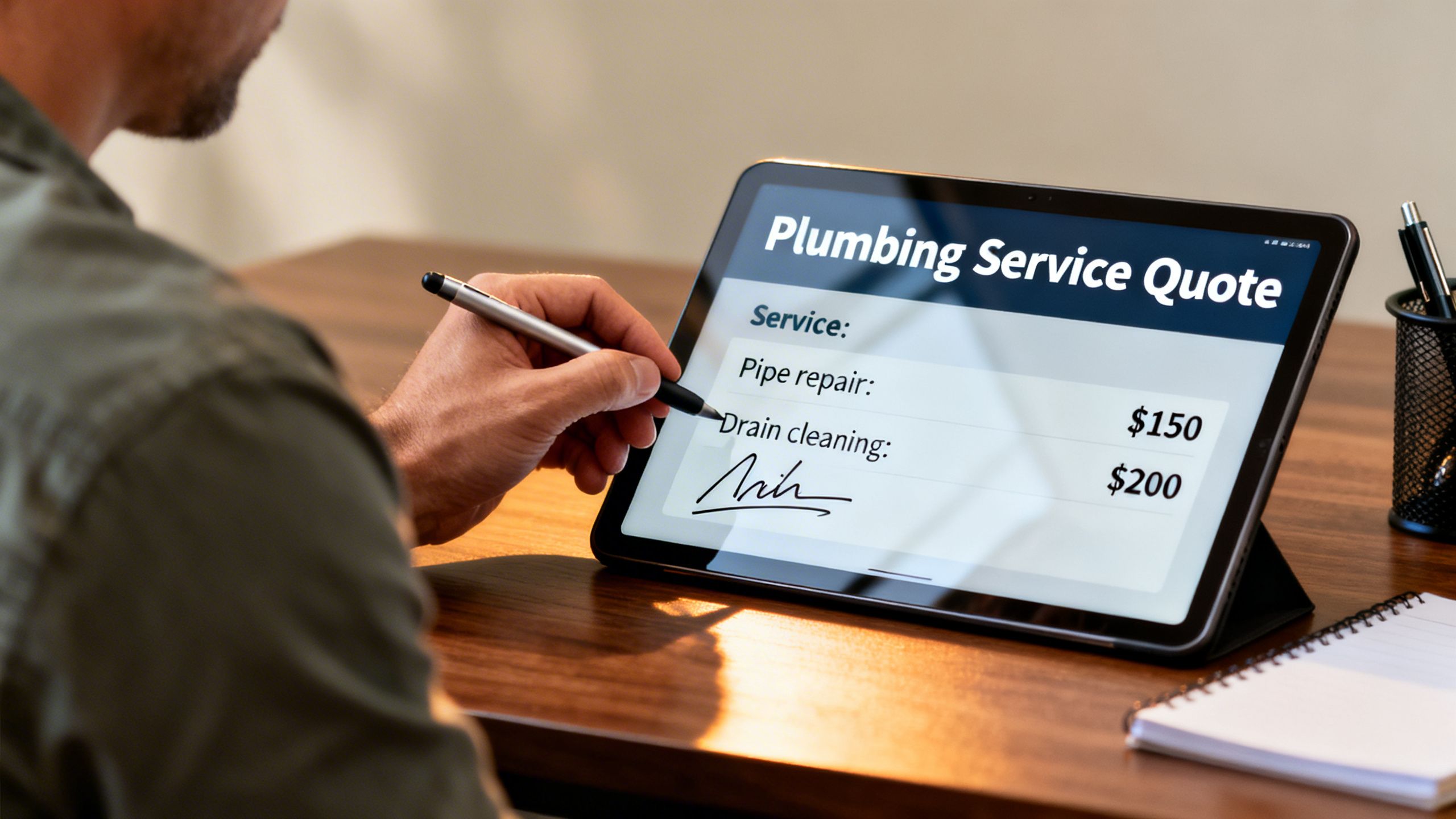 A client digitally signing a quote for plumbing services on a tablet.
