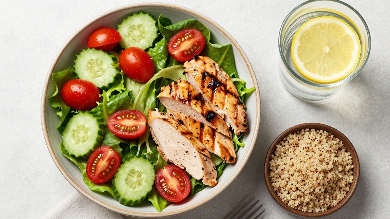 Healthy lunch bowl with salad and quinoa