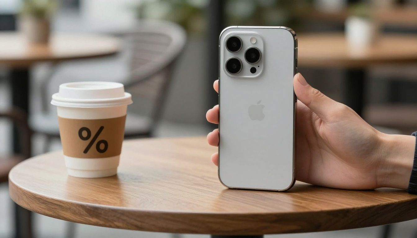 A person using their iPhone 16 Pro Max in a sleek, minimalist case while sitting at an outdoor cafe table with a coffee.