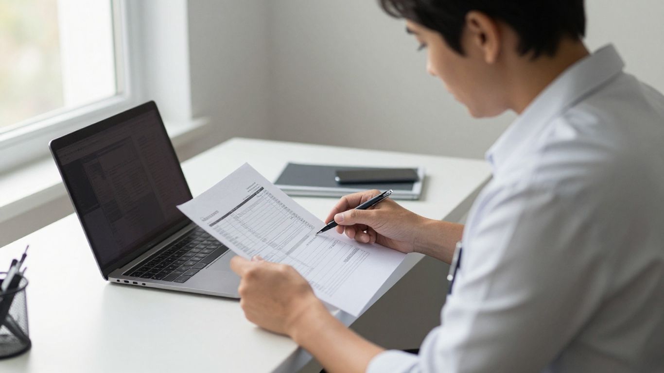 Practice owner reviewing billing paperwork at desk