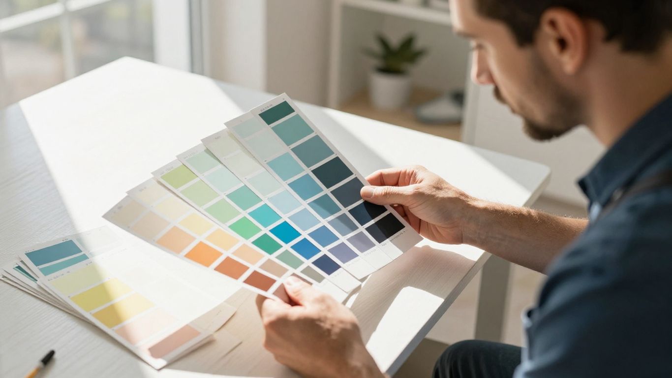 Painter choosing paint colors in a sunlit room.