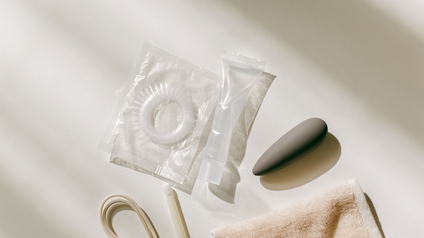 Condom and personal lubricant packages beside a smooth toy