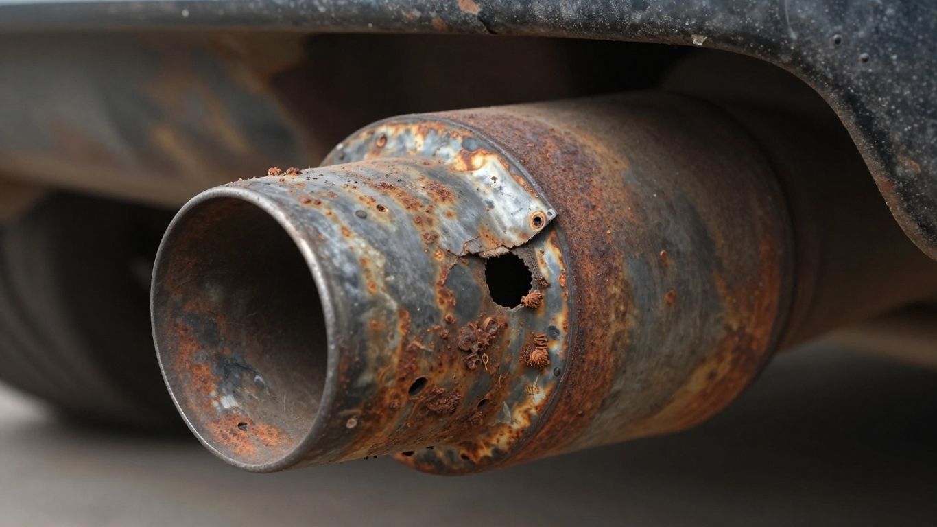 Rusted car exhaust pipe with visible damage and holes.