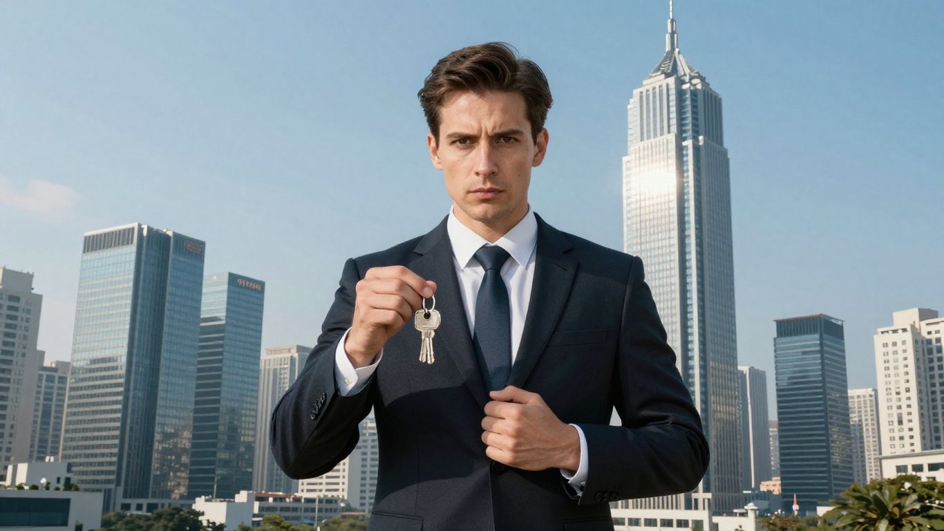 Person holding keys with cityscape background.