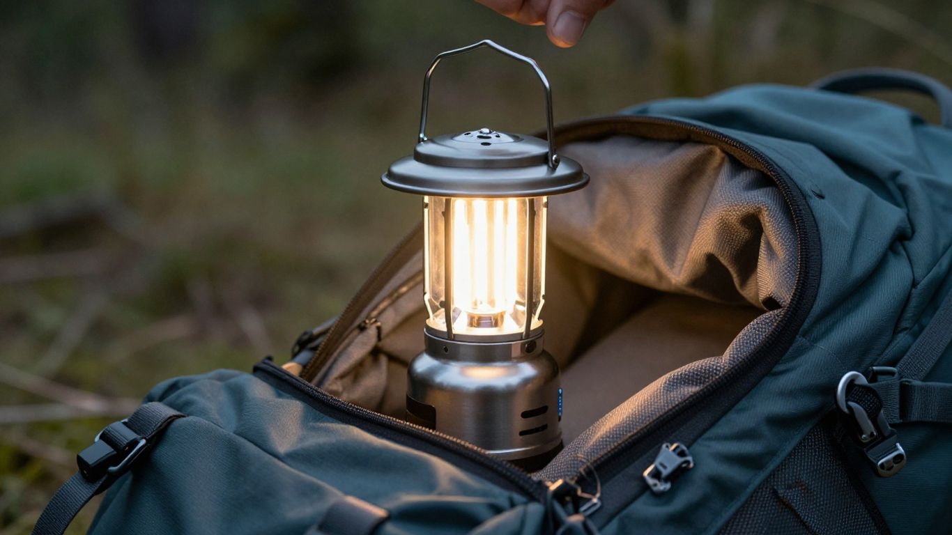 Compact camping lantern being packed for an outdoor trip.