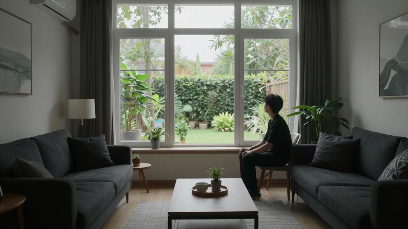 Persoană relaxată într-o cameră ordonată.