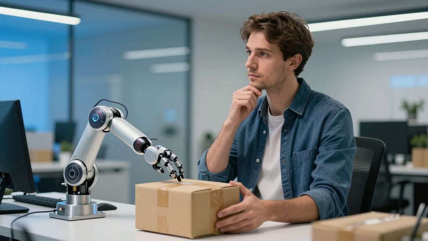 Roboterarm und Mensch in Logistikzentrum