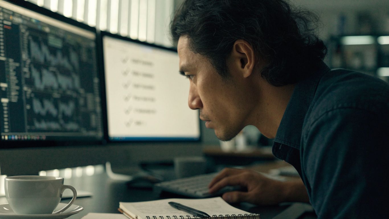 Futures trader studying risk limits beside a monitor