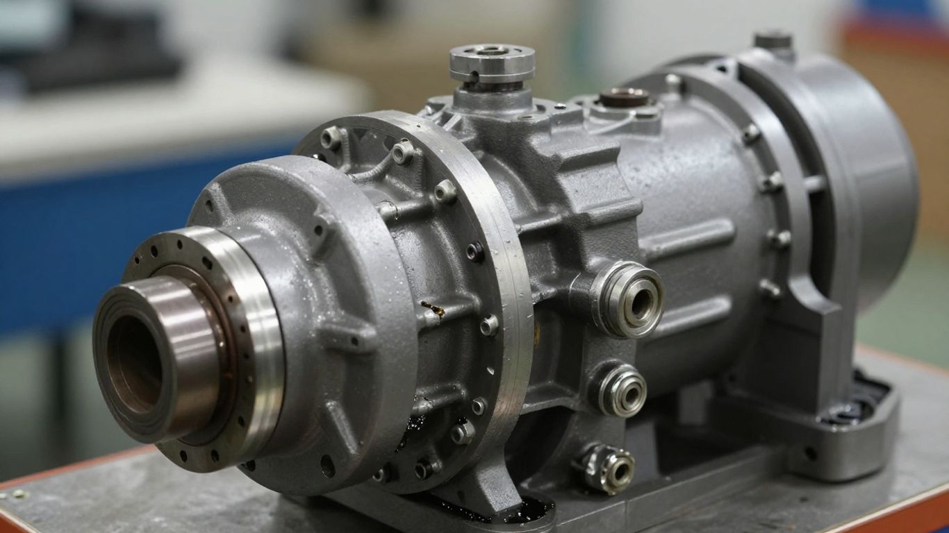 Close-up of a used gearbox with visible mechanical parts.