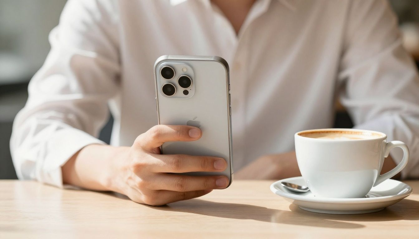 A person in a sunlit Australian cafe holding an iPhone 17 in a sleek, minimalist case, with a coffee on the table.