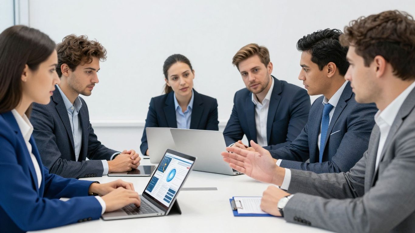 Team arbeitet zusammen im Büro mit blauen Akzenten.