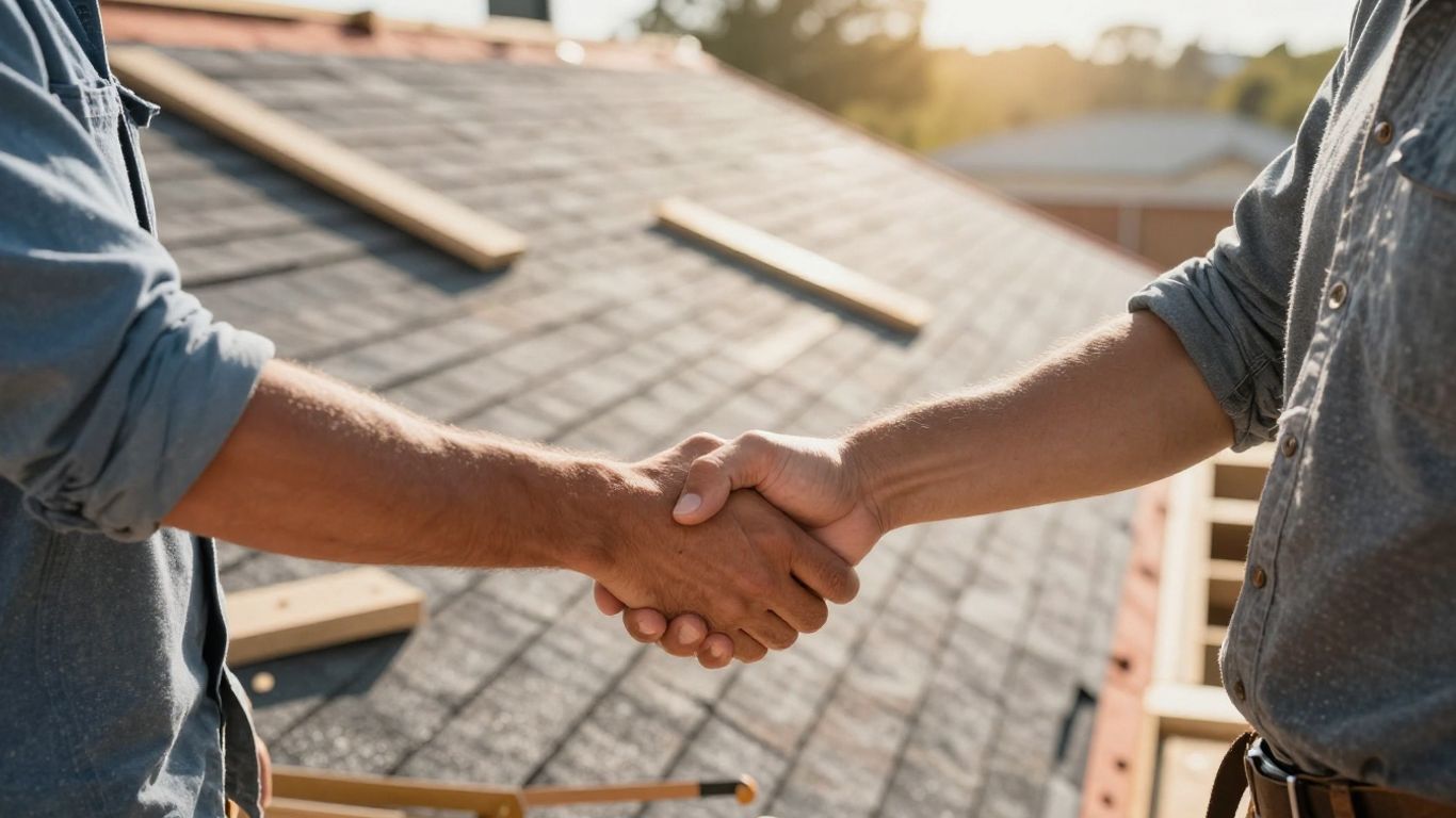 Homeowner and roofer signing a contract for roof repair.