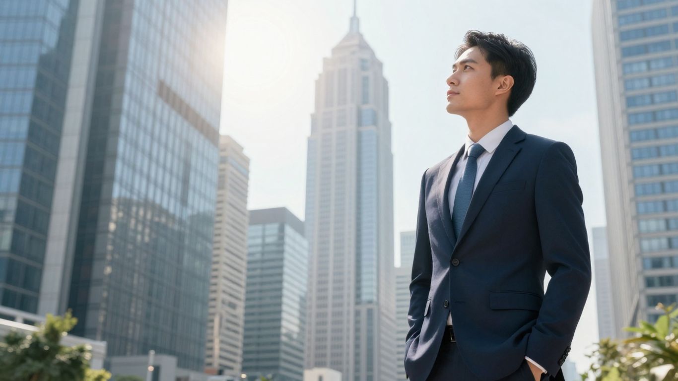 Stockbroker looking at city skyline